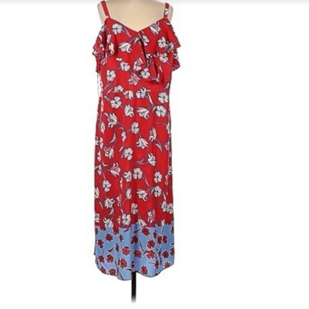 London Times Red Dress with Blue and White Floral Design